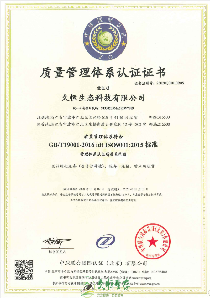 南京江宁质量管理体系ISO9001证书